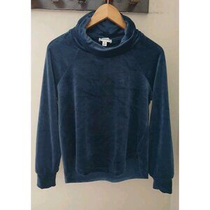 Evereve Milo Velour Funnel Neck Pullover Top Size XS Blue Supersoft Cozy
